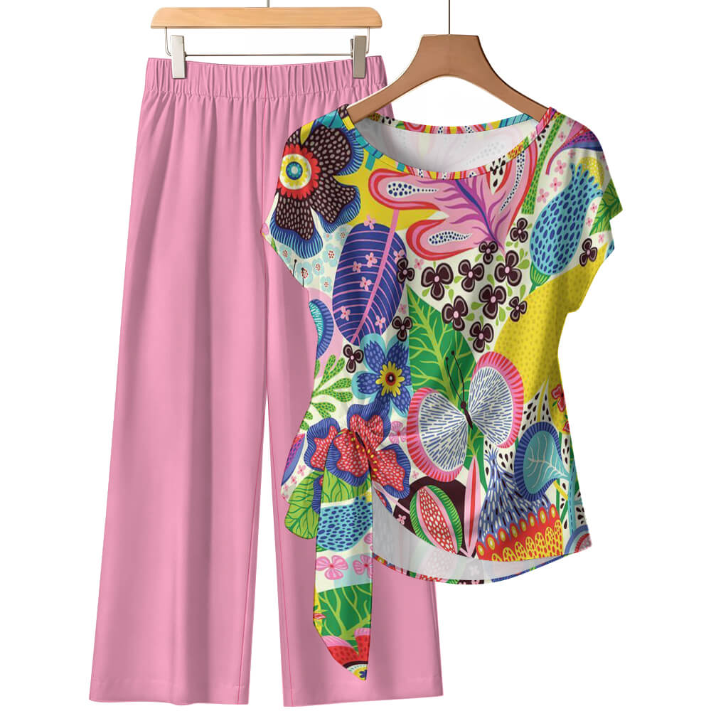 Women's Tie-front Top & Wide-leg Pants Set Lml021