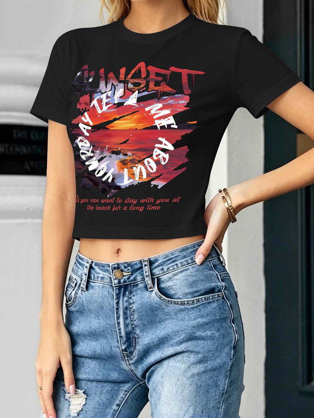 Women Elastic Crop Top Single Sided Print