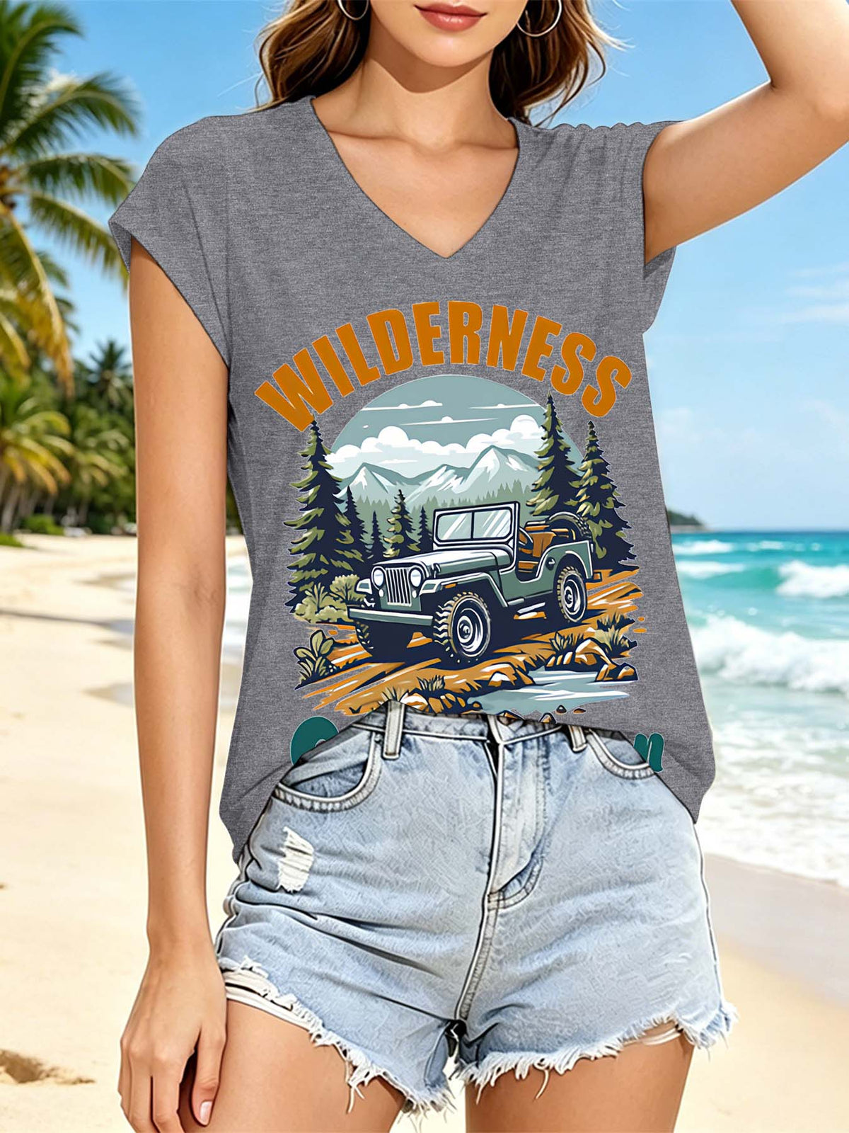 V Neck Sleeveless Womens T Single Sided Print
