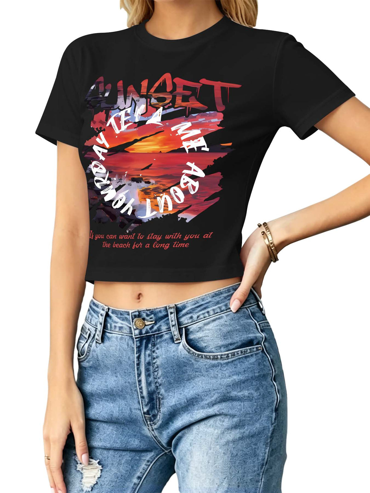 Women Elastic Crop Top Single Sided Print