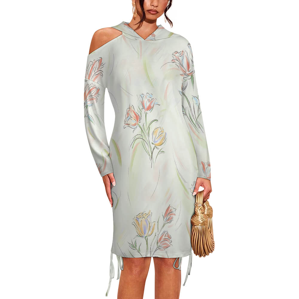 Women's Hooded Long Sleeve Off-shoulder Dress Lcq
