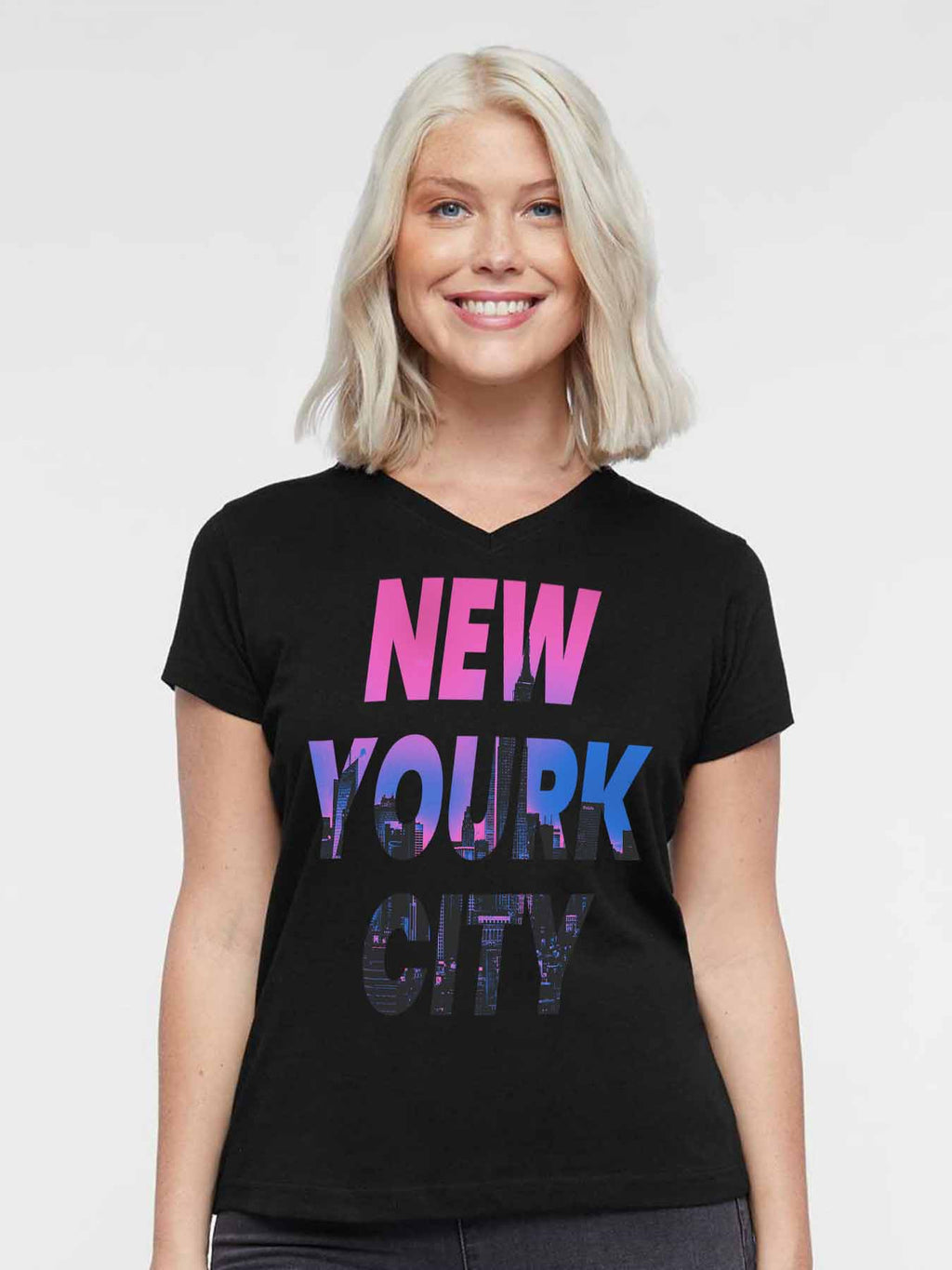 V Neck Women T Shirt Double Sided Print