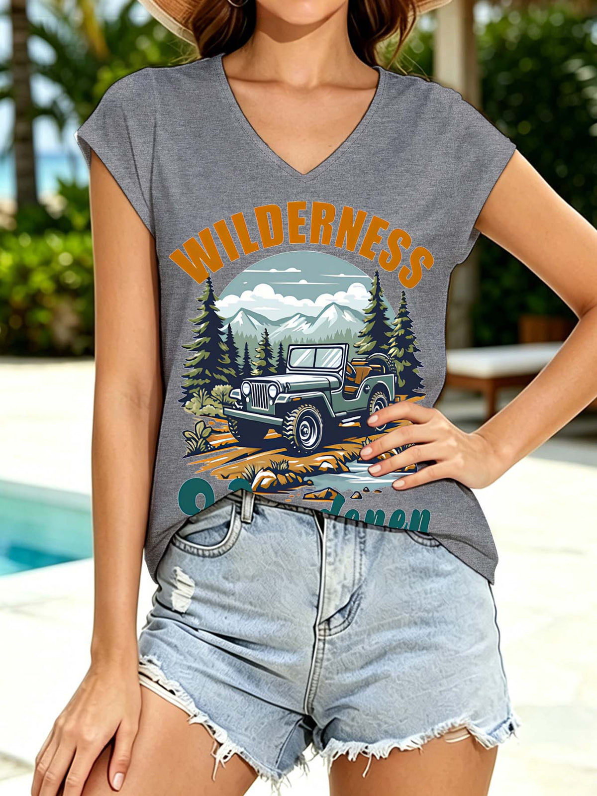 V Neck Sleeveless Womens T Single Sided Print